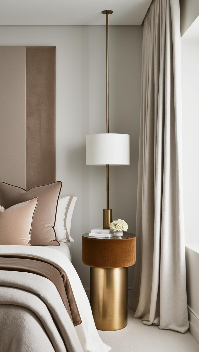Quiet luxury master bedroom with velvet cushions and brass accents.