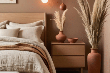 Warm minimalism bedroom with earthy textures and natural wood furniture