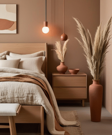 Warm minimalism bedroom with earthy textures and natural wood furniture
