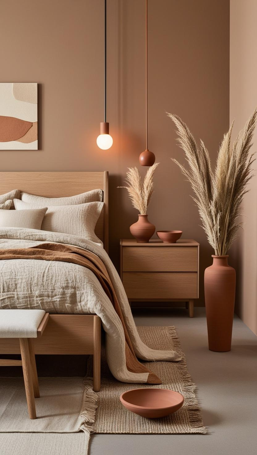 Warm minimalism bedroom with earthy textures and natural wood furniture