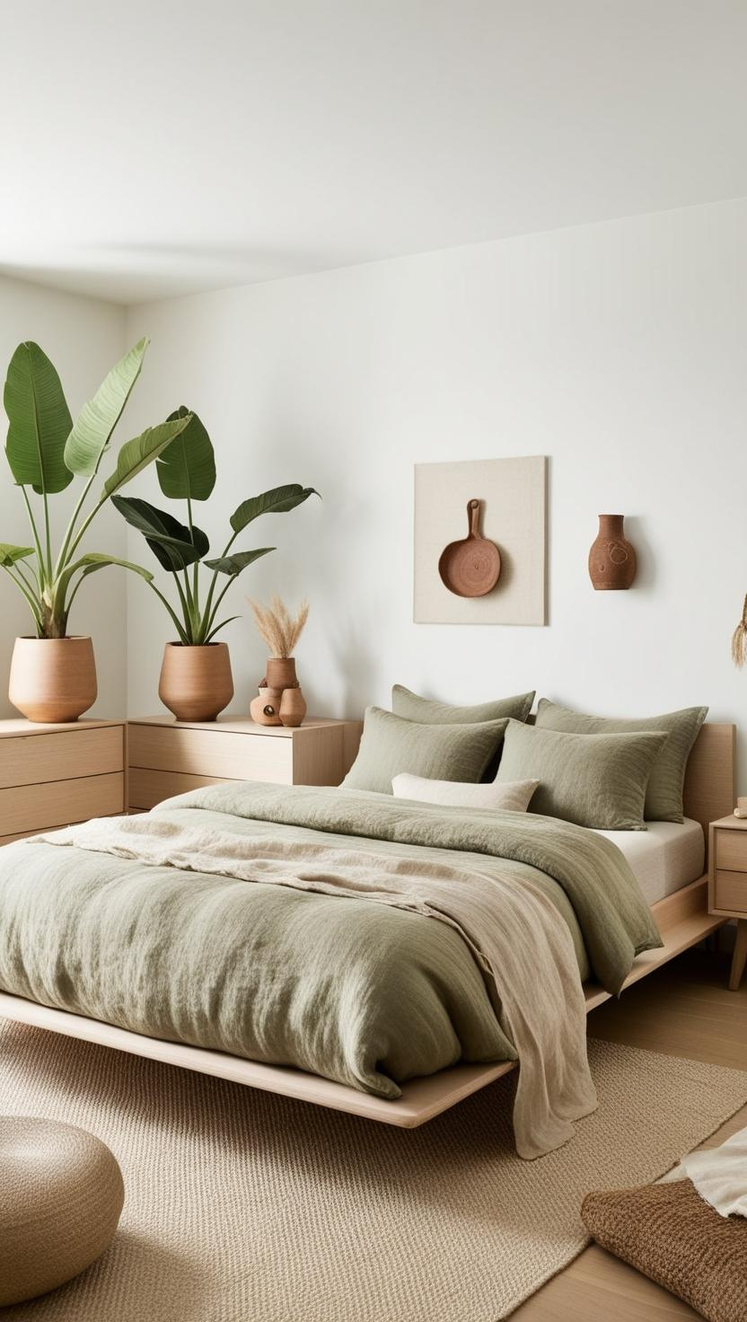 Japandi style master bedroom with natural textures and indoor plants.
